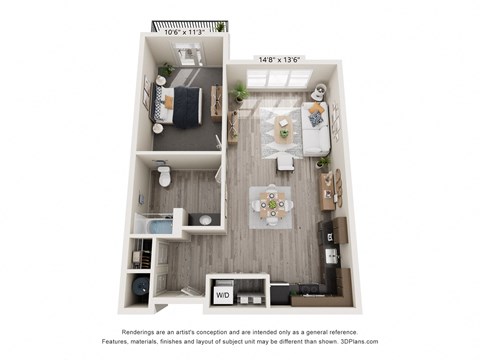 Floor plan for 1 bed, 1 bath, 770 sqft